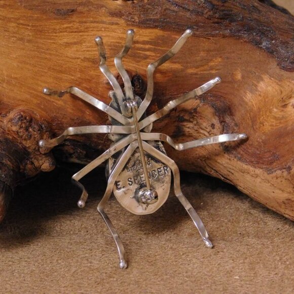 EstateVintage E. Spencer Navajo Indian Silver Malachite Protective Spider Brooch - Picture 7 of 15